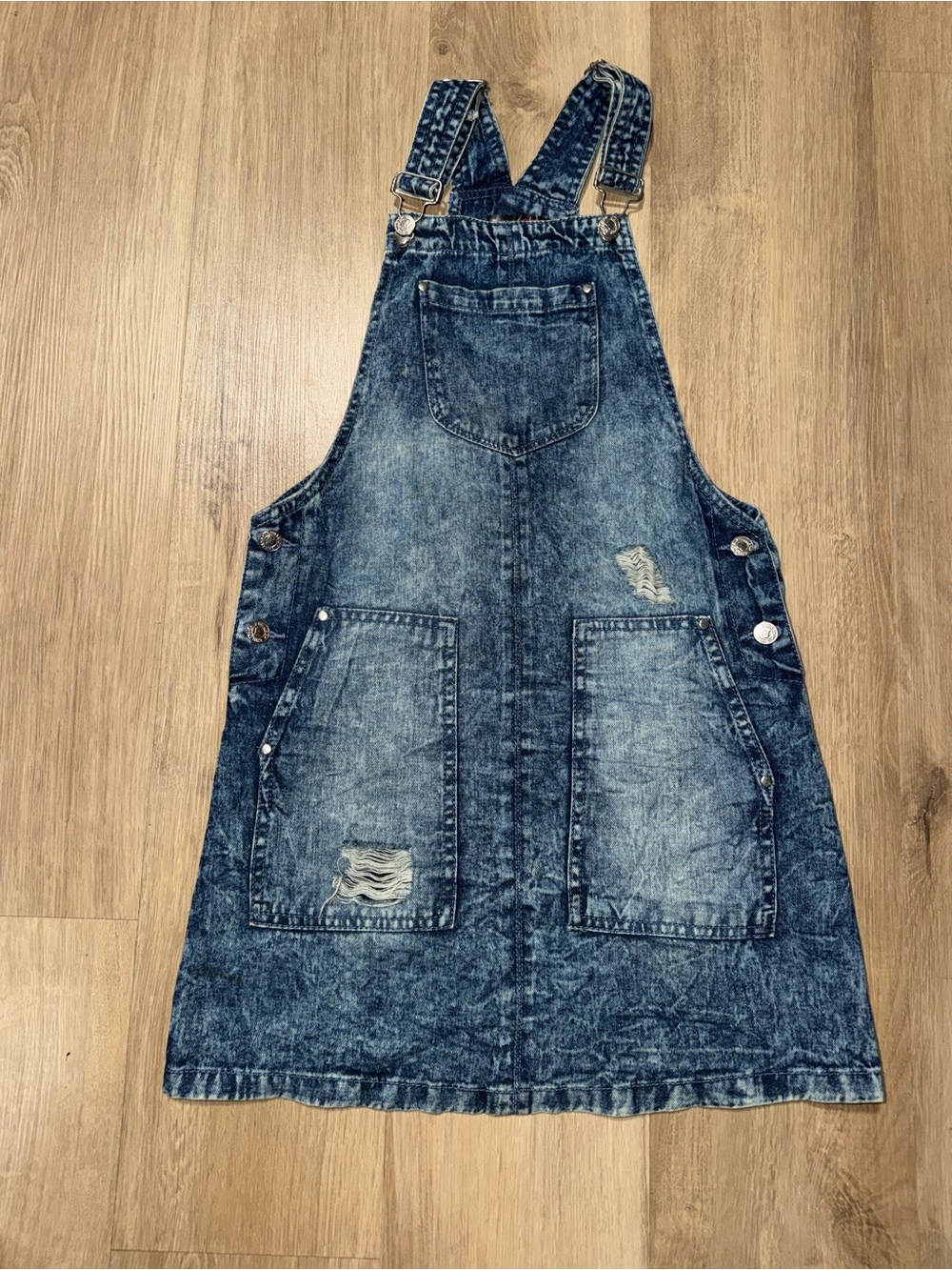 Chillipop Washed Blue Distressed Denim Pinafore Mini Dress